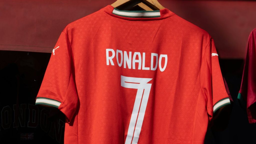 Portugal number 7 Ronaldo shirt hanging on a rail